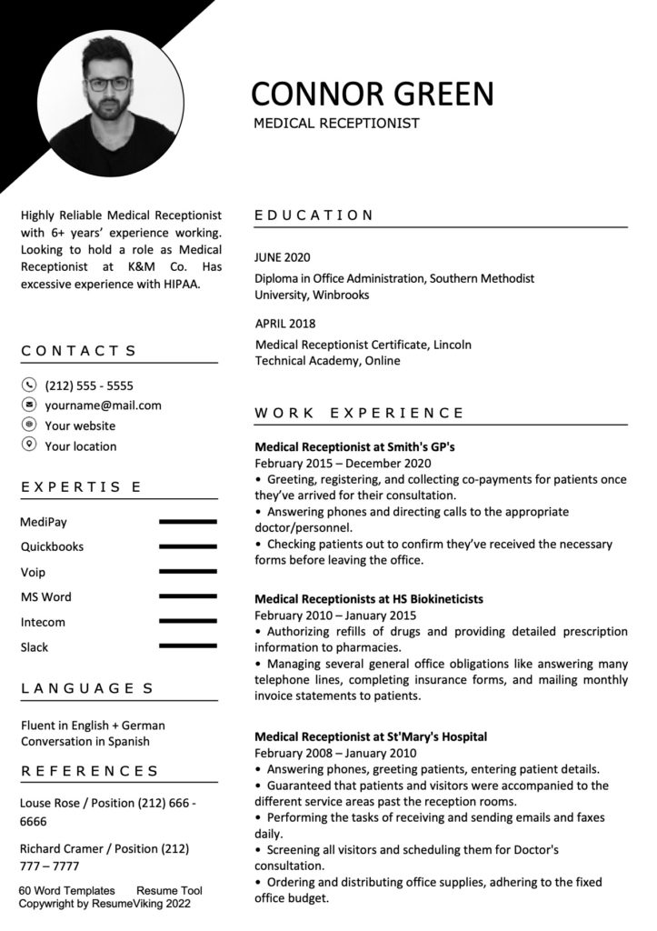 Medical Receptionist MS Word Resume