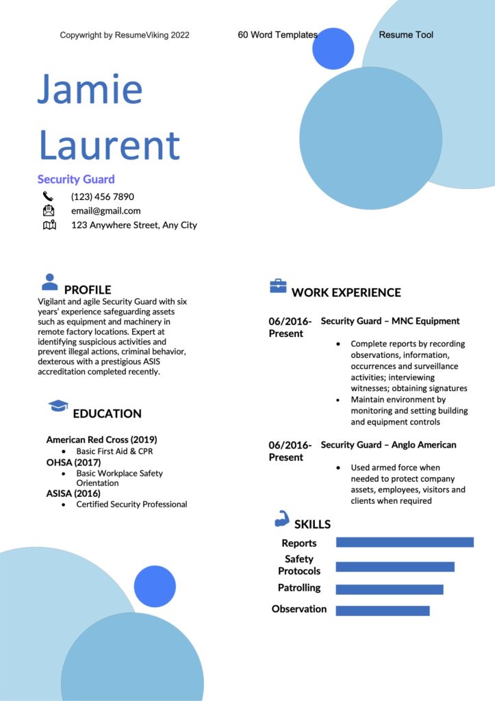Security Guard Word Resume document