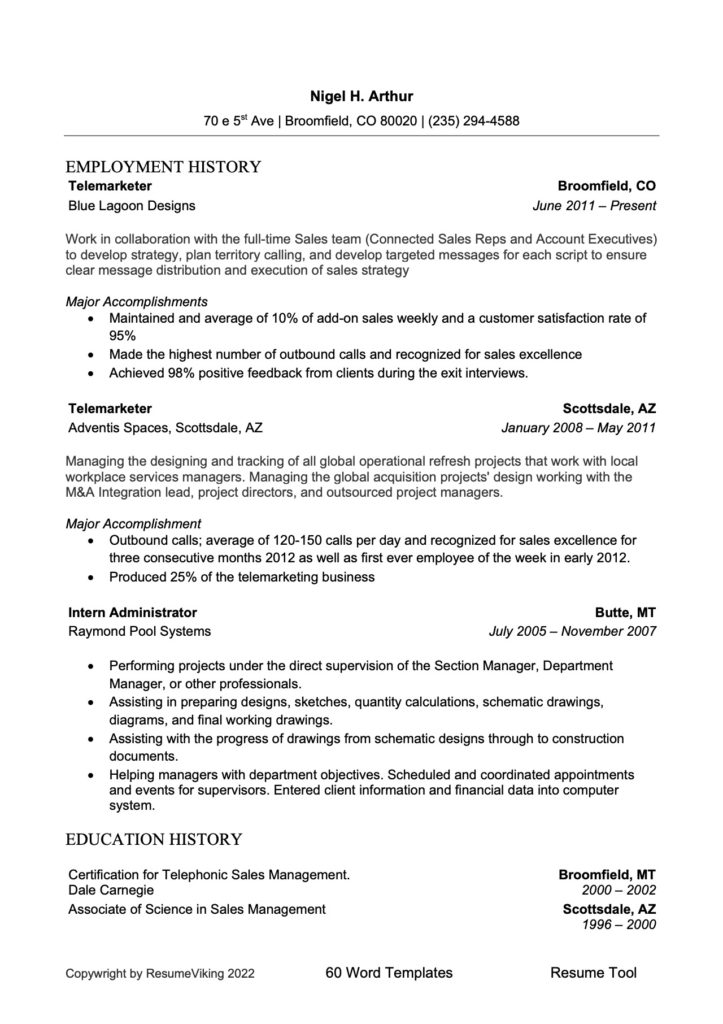 Telemarketer Word Resume document