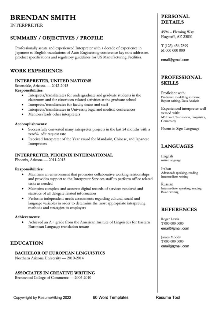 Interpreter Word Resume document