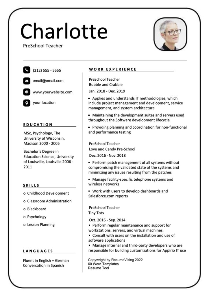 PreSchool Teacher Word Resume document