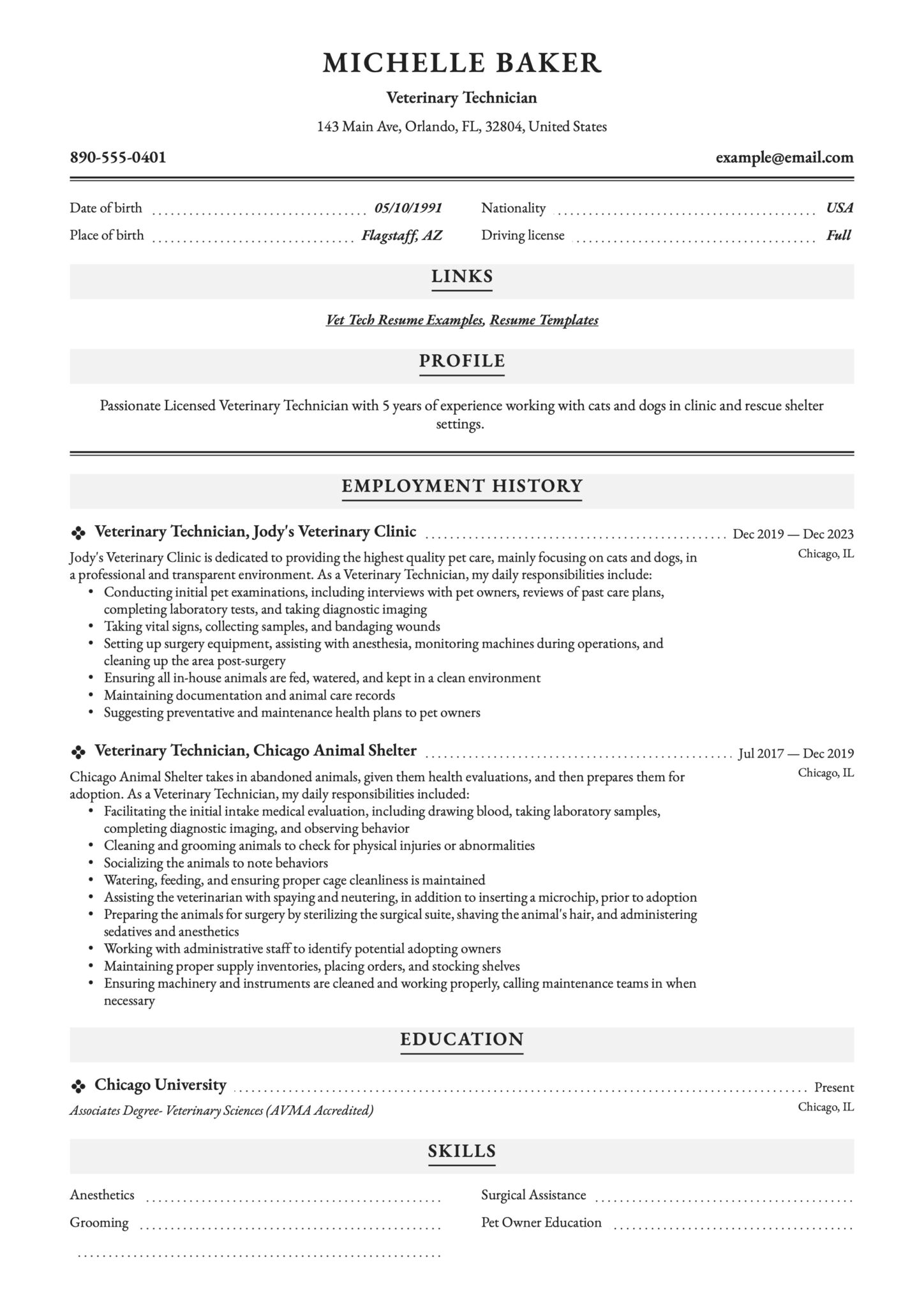 Professional Vet Tech Resume