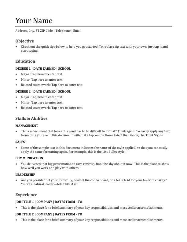 Word resume to use as google doc resume format 