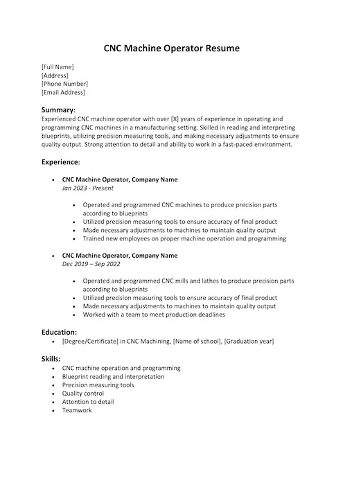 CNC Operator Resume for experienced operators, made in Word