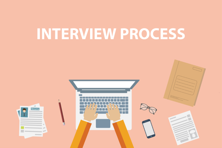 Interview process written with animated top down desk view background