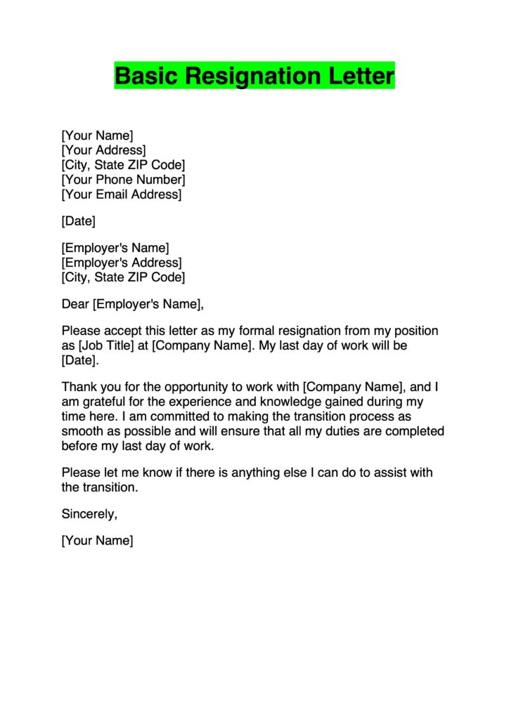 Basic Resignation Letter Example