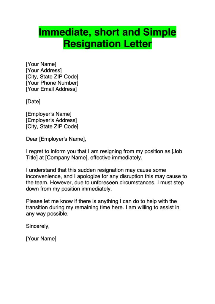 Immediate and short Resignation Letter Example