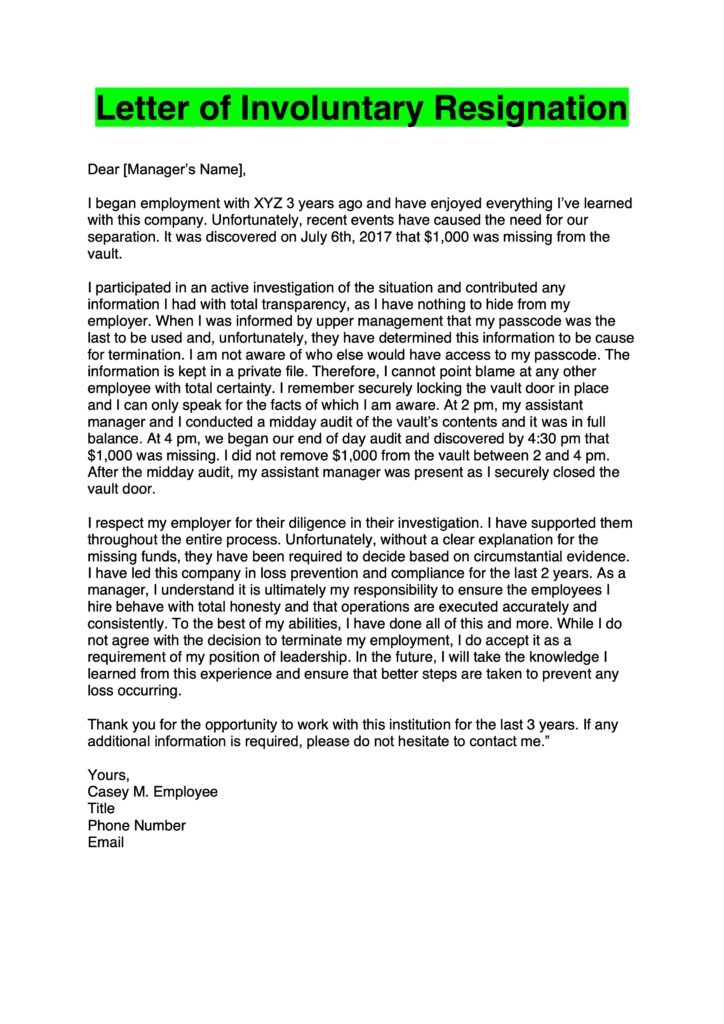 Resignation Letter Due to Involuntary Resignation