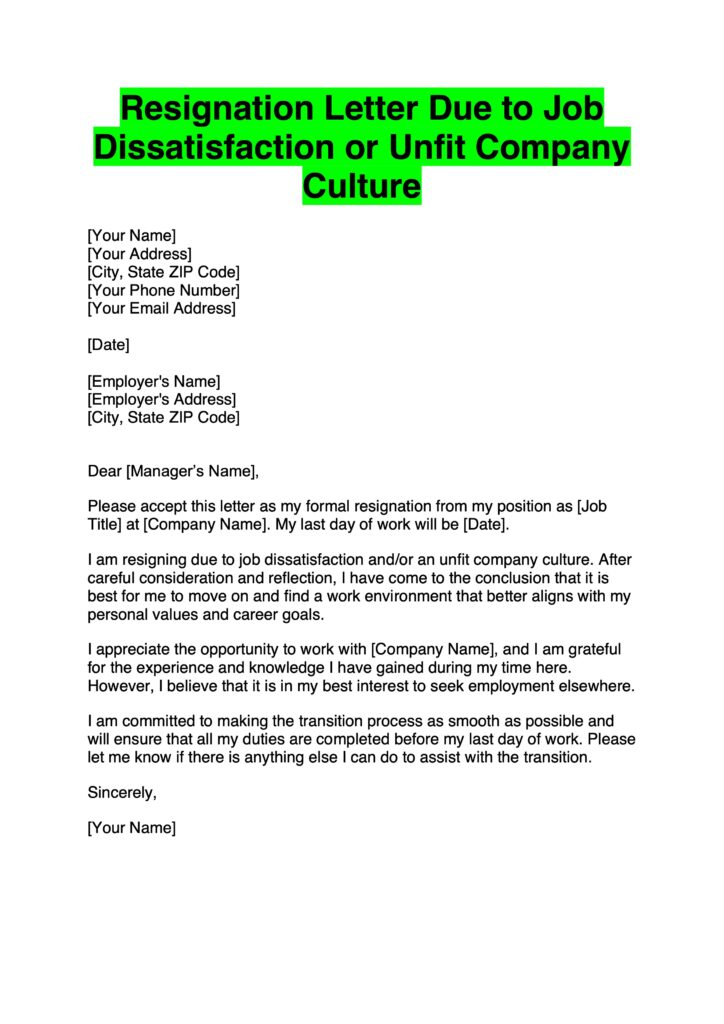 Resignation Letter Due to Job Dissatisfaction or Unfit Company Culture