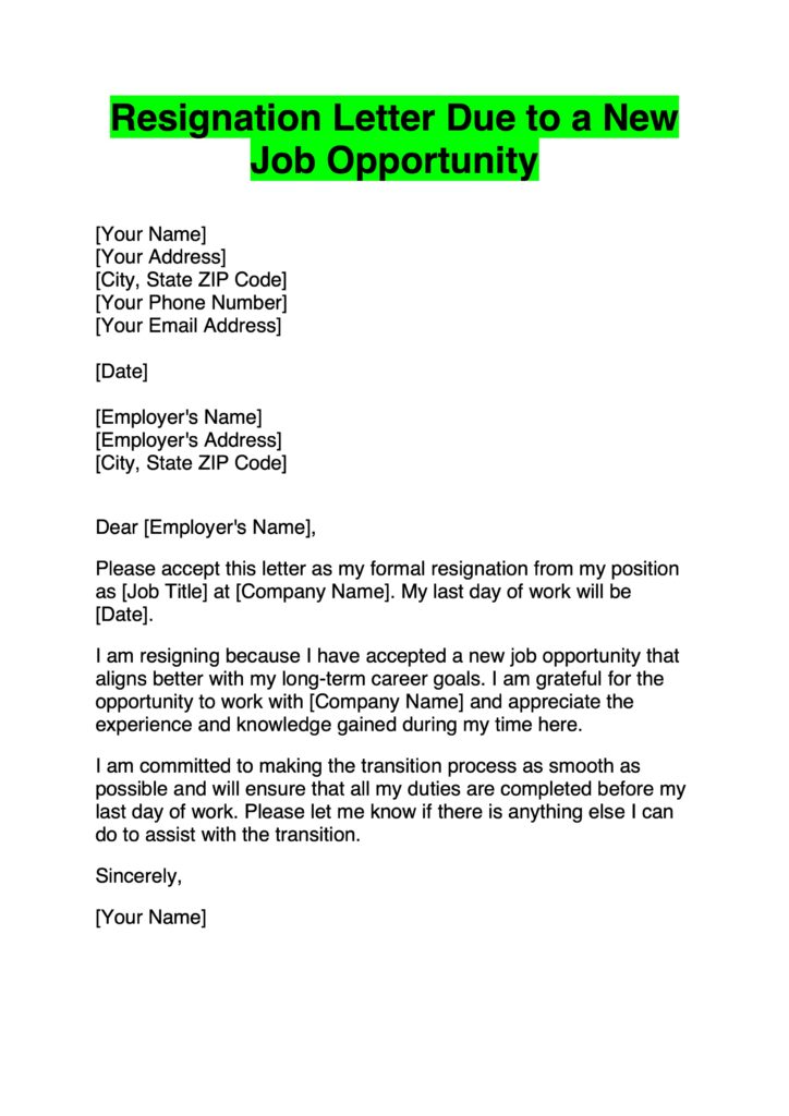 Resignation Letter Sample Due to a New Job Opportunity Example