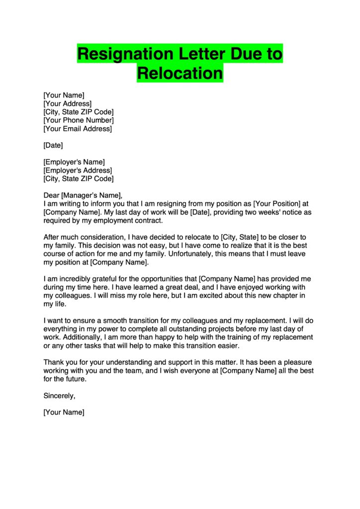 Resignation Letter Due to Relocation Example