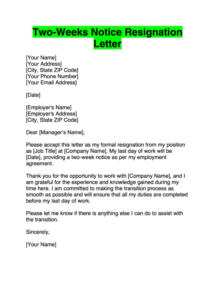 Two-weeks Notice Resignation Letter Example